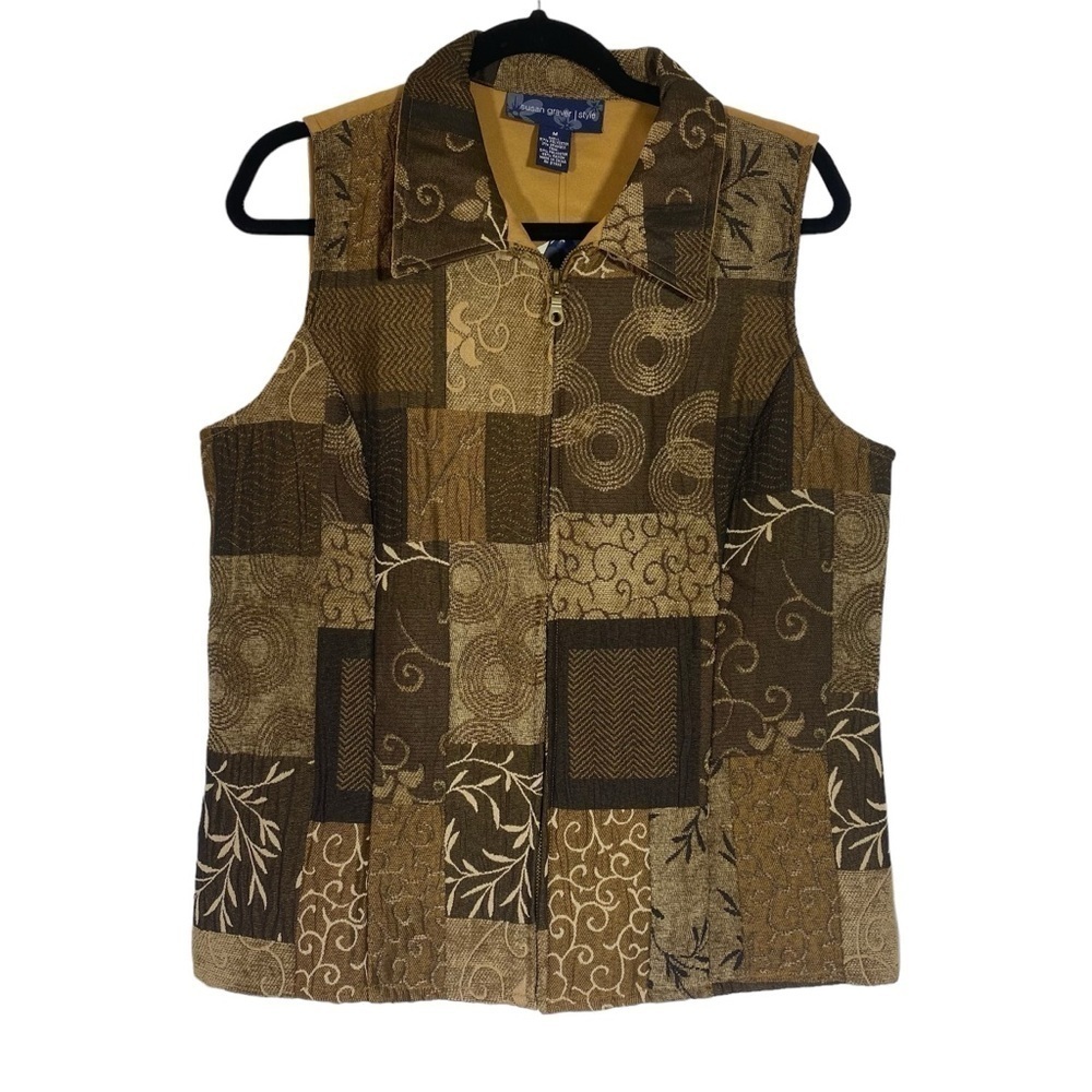 NWT Susan Graver Style size M Brown Tan earthy tones patchwork zip tapestry vest